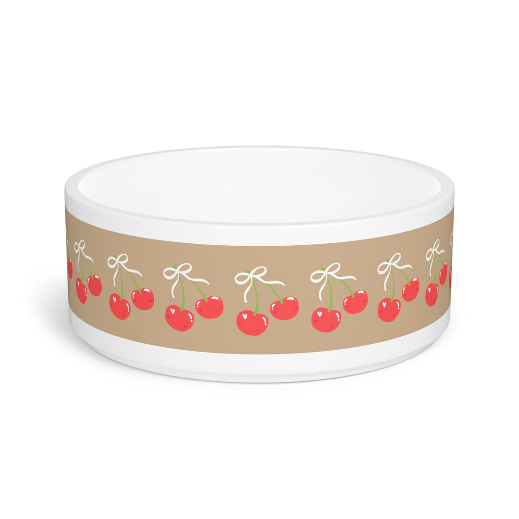 Khaki Cherry Dog Bowl – Preppy, Playful, and Paw-fectly Chic
